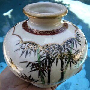 Small Vintage Japanese Satsuma Gold gilt accented Hand Painted Bamboo/Birds Vase